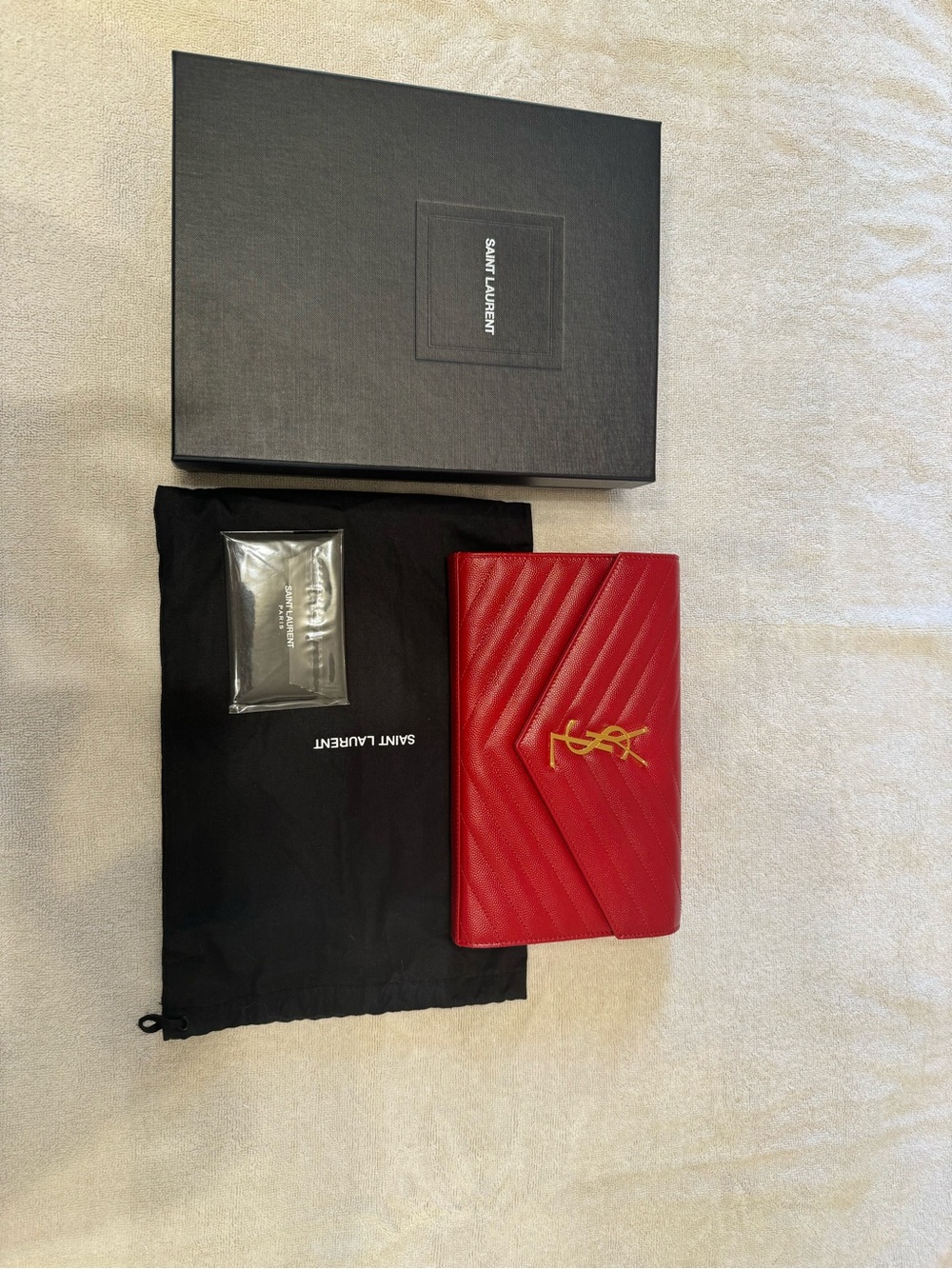 Saint Laurent Red Quilted Leather Envelope Wallet with Gold YSL